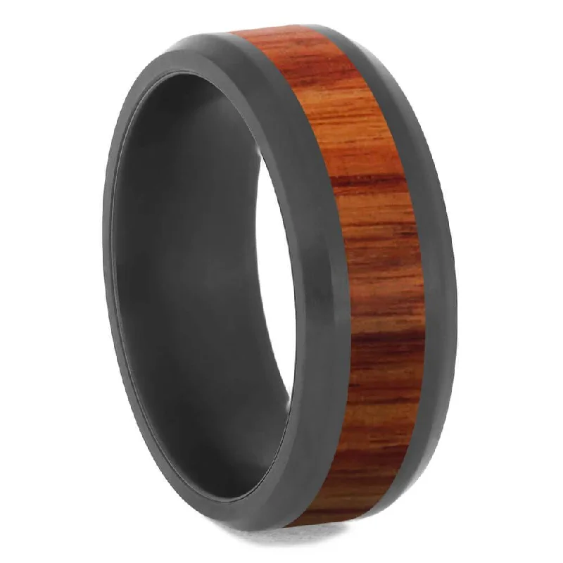 women's ring vintage -Black Zirconium Ring With Exotic Tulipwood Inlay