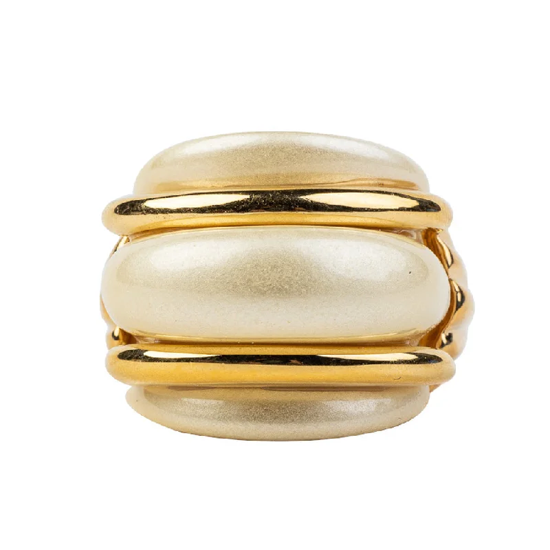 women's ring minimalist stack -Gold and Pearl Double Ribbed Ring