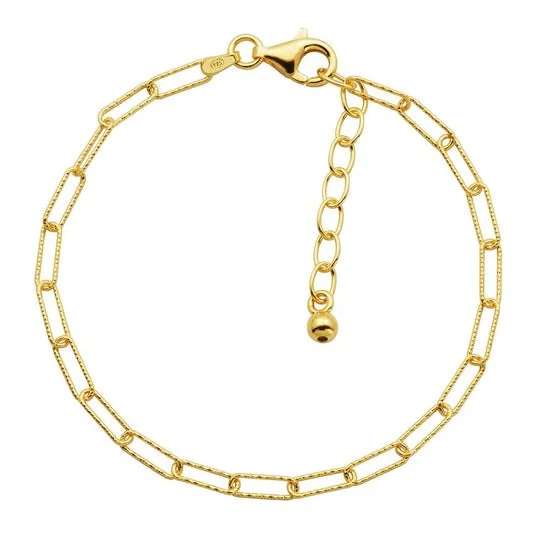 women's bracelets thick band -Gold Plated Silver Diamond Cut 3mm Paperclip Chain Bracelet