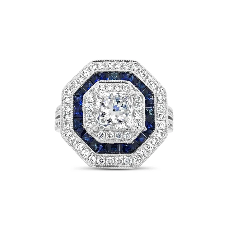 women's ring pave setting -Octagonal Diamond & Sapphire Right Hand Ring