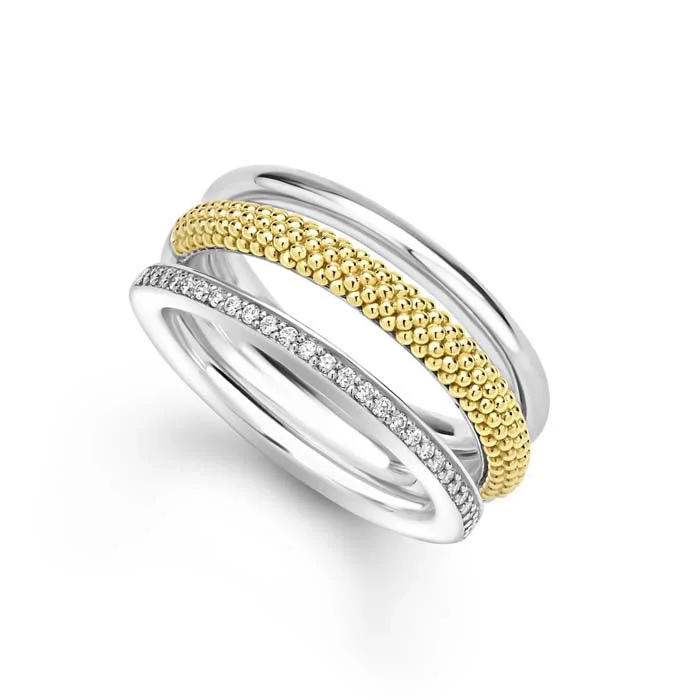 women's engagement rings conflict-free diamonds -Lagos Two-Tone Three Row Diamond Ring in Sterling Silver and 18K Yellow Gold