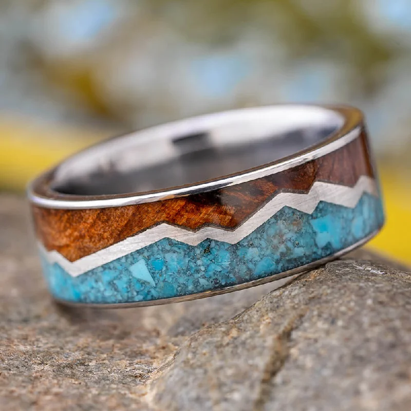 women's ring diamond -Turquoise Ring With Redwood and Silver Zig Zag in Titanium