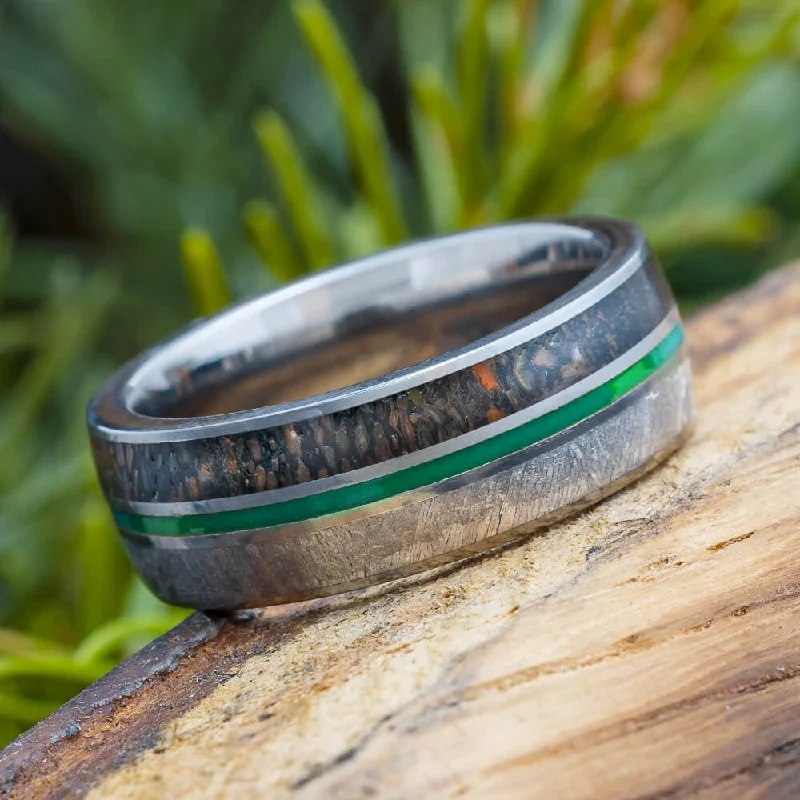 women's ring bold design -Meteorite and Dinosaur Bone Band With Green Pinstripe