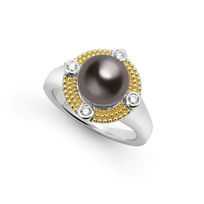 women's engagement rings bold and stylish -LAGOS Tahitian Pearl and Diamond Ring in Sterling Silver and 18K Yellow Gold