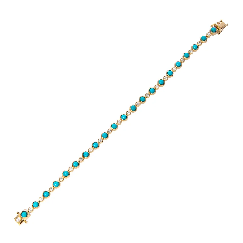 women's bracelets with heart shape -Turquoise & Diamond Bezel Set 14K Yellow Gold Tennis Bracelet