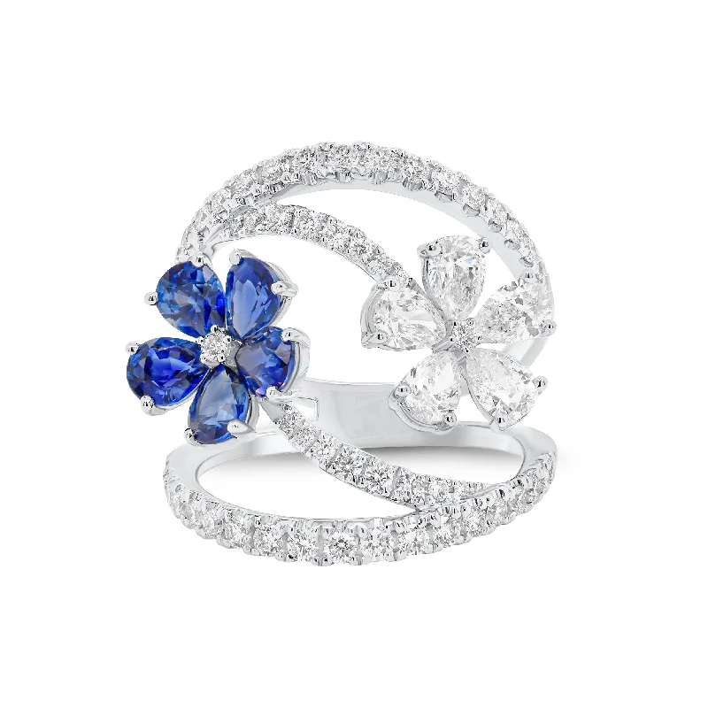 women's ring princess cut -Diamond & Sapphire Flower Wrap Ring