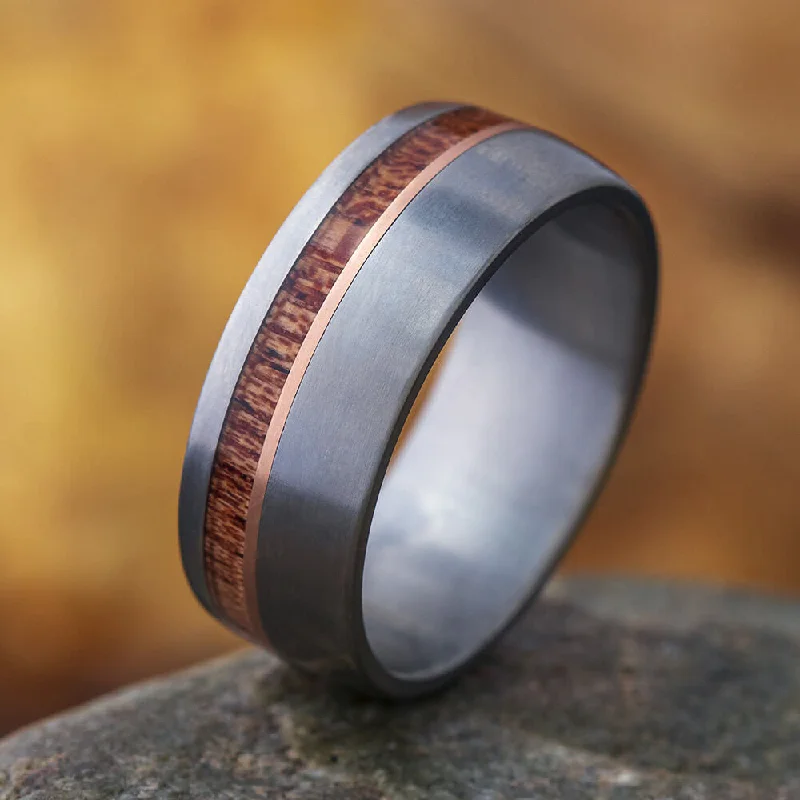 women's ring infinity shape -Ironwood & Matte Titanium Ring With Gold Pinstripe