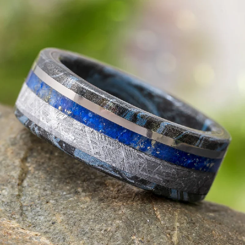 women's ring bold design -Unique Men's Ring With Mokume, Meteorite and Lapis Lazuli