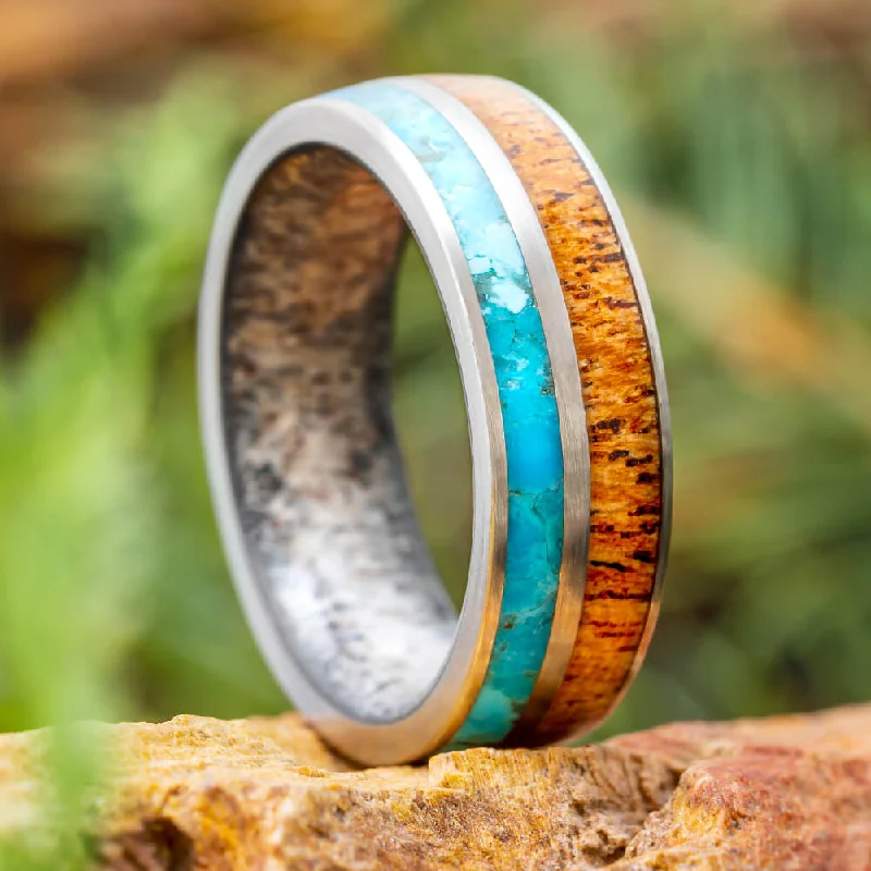 women's ring pave setting -Mesquite Wood Ring With Antler Sleeve And Turquoise