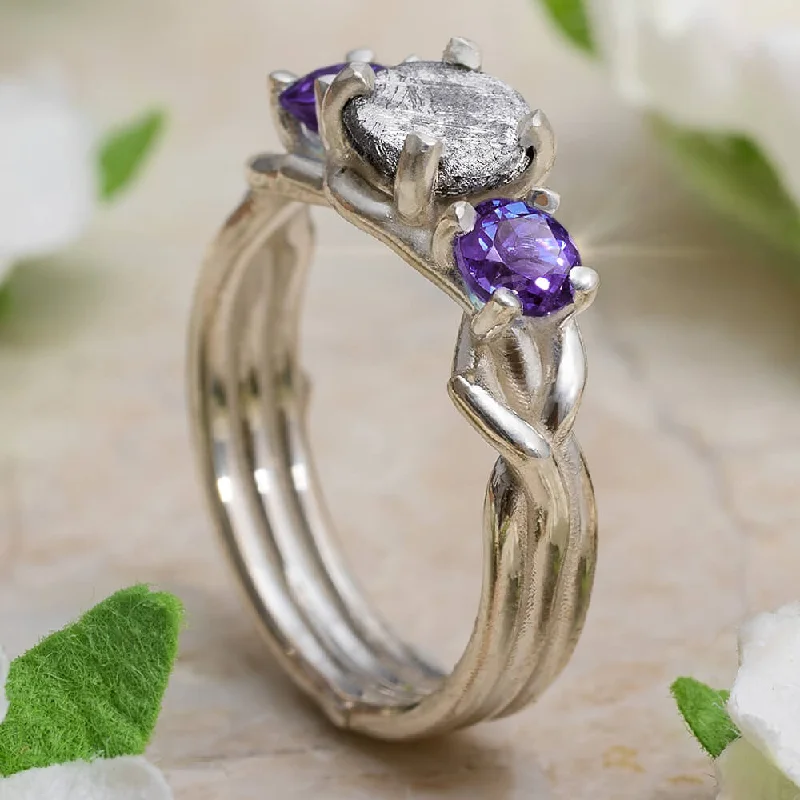 women's ring moon and stars -Meteorite Stone Ring With Amethyst Accents