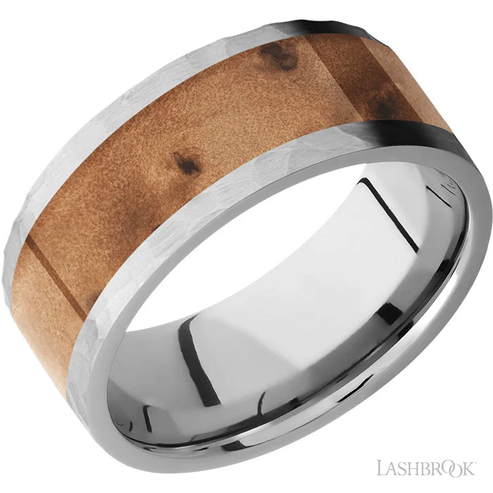 women's engagement rings pave setting -Lashbrook 8mm Titanium Wedding Band with Thuya Burl Wood Inlay