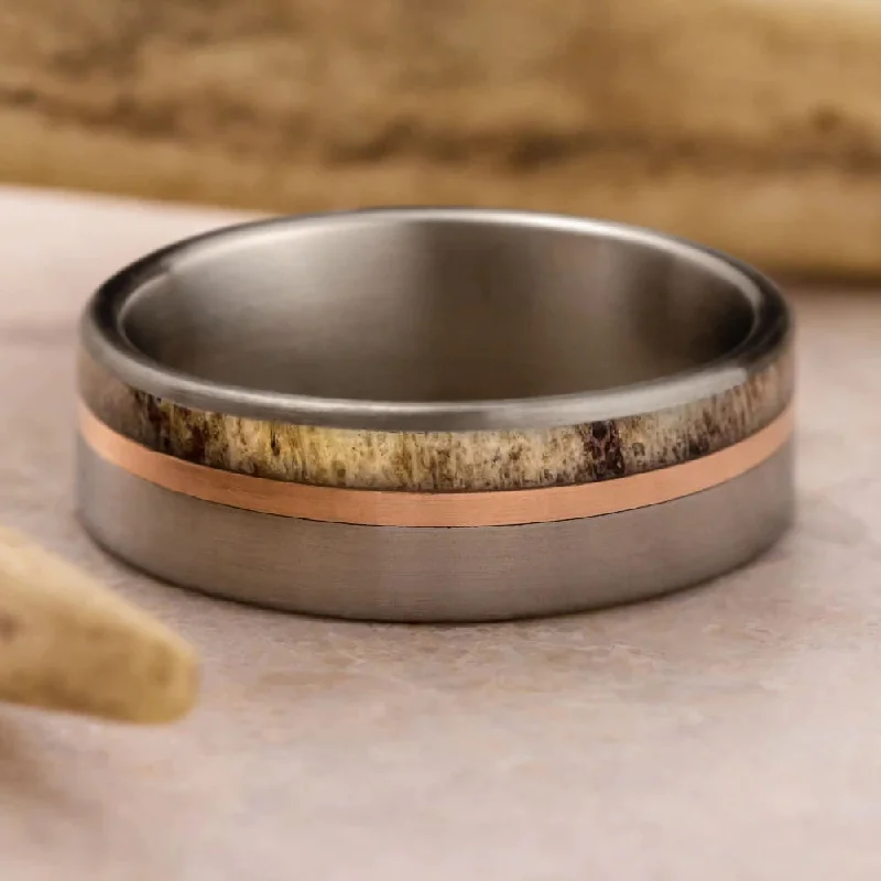 women's ring charm rings -Brushed Titanium & Deer Antler Ring With Gold Pinstripe