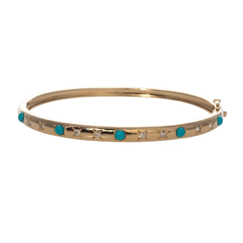 women's bracelets stackable -Star Set Turquoise & Diamond 14K Yellow Gold Bangle