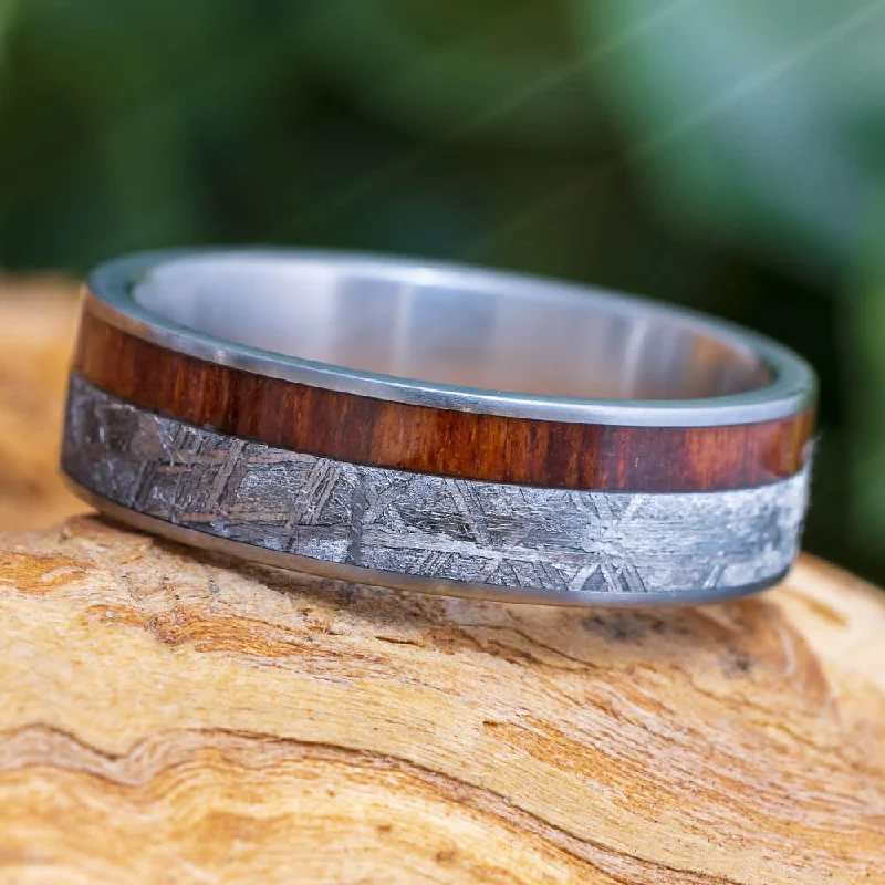 women's ring unique design -Meteorite & Wood Ring With Matte Finish