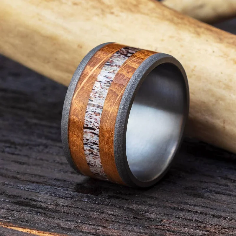 women's ring braided style -Antler and Whiskey Barrel Oak Wood Ring with Sandblasted Finish