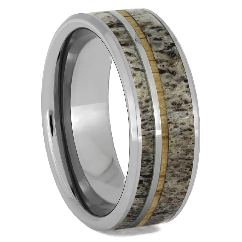 women's ring for girlfriend -Deer Antler & Oak Wood Tungsten Ring