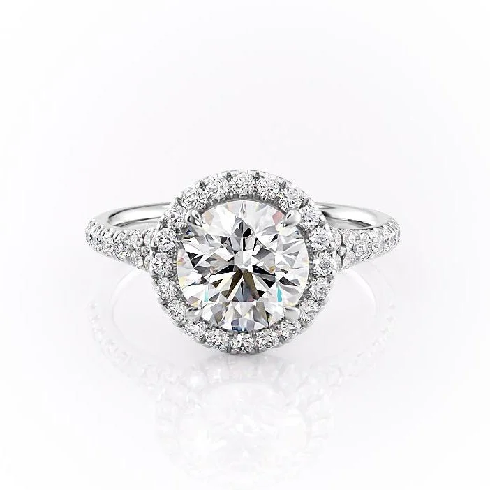 women's engagement rings yellow diamond -Round Cut Moissanite Engagement Ring, Halo With Split Shank