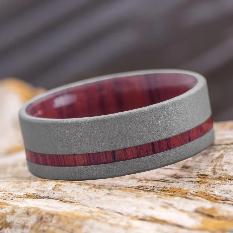 women's ring high-end luxury -Sandblasted Titanium Ring With Bloodwood Pinstripe & Sleeve