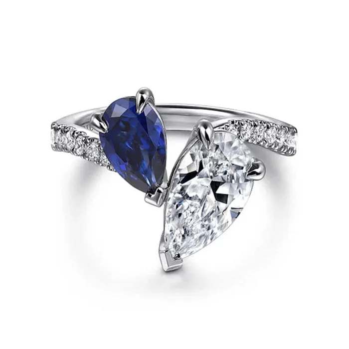 women's engagement rings alternative gemstones -Gabriel & Co. "Chessie" Toi et Moi Diamond Engagement Ring Semi-Mounting with Pear Sapphire in 14K White Gold