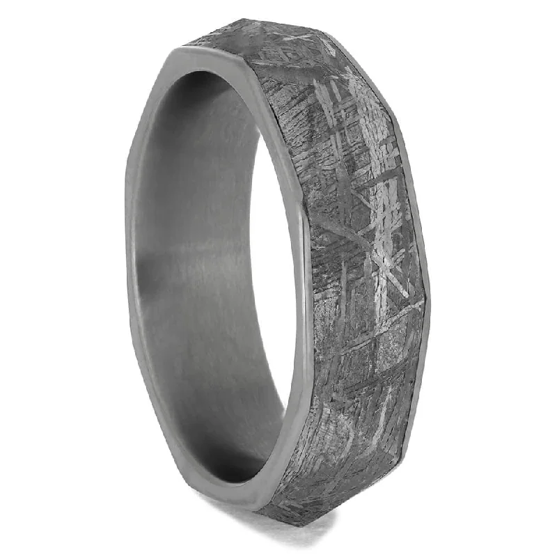 women's ring celestial theme -Faceted Meteorite Ring On Titanium Band