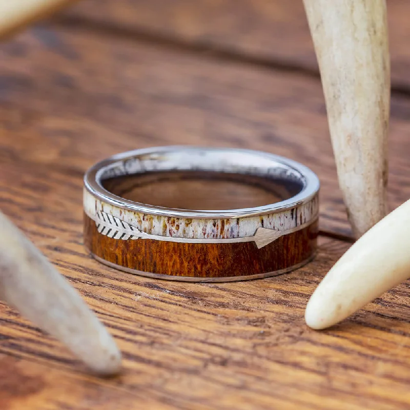 women's ring twisted band -Sterling Silver Arrow Ring with Antler and Ironwood Burl