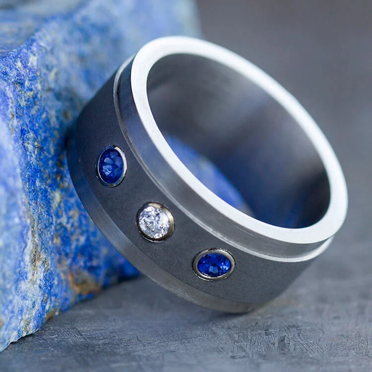 women's ring thin band -Titanium Ring with Diamond and Blue Sapphires Set in Yellow Gold