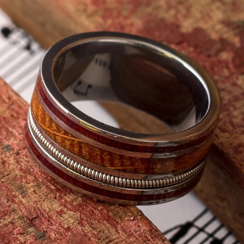 women's ring adjustable band -Guitar String Ring with Whiskey Oak and Bloodwood in Titanium