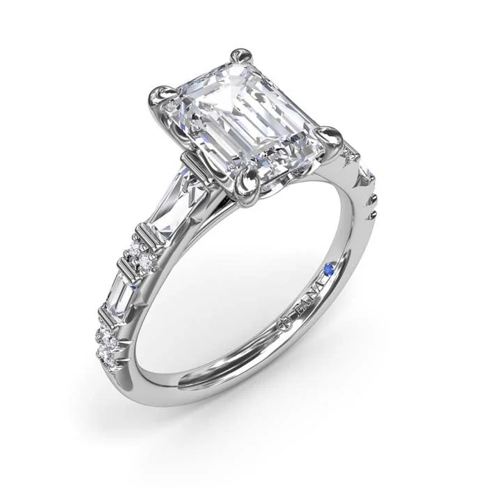 women's engagement rings with side stones -Fana Alternating Baguette and Round Diamond Engagement Ring in 14K White Gold