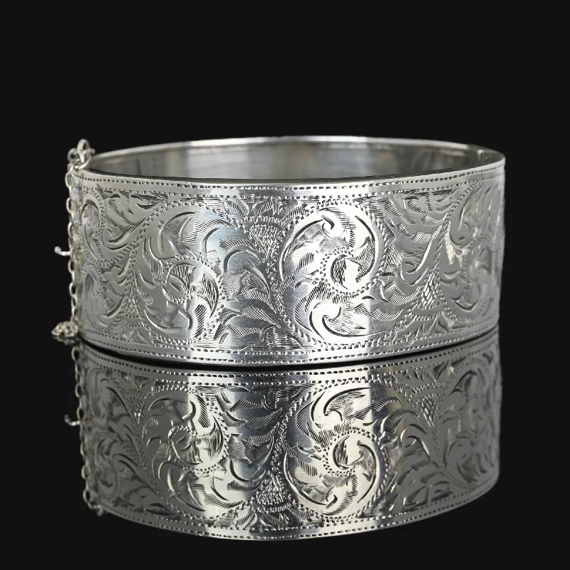 women's bracelets stackable -Victorian Revival Wide Engraved Silver Bracelet Bangle