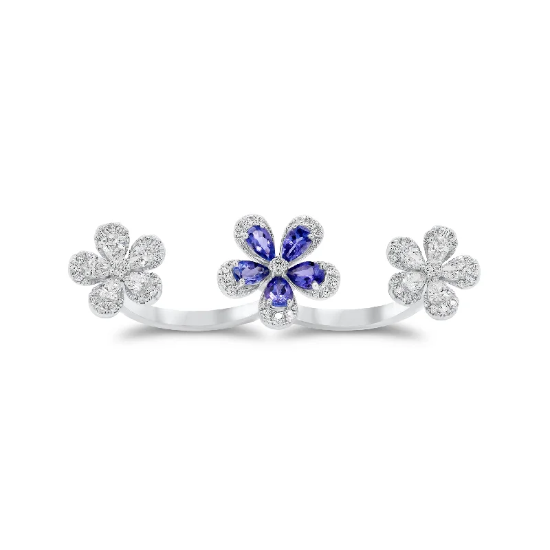 women's ring butterfly motif -Tanzanite & Diamond Flower Two-Finger Ring