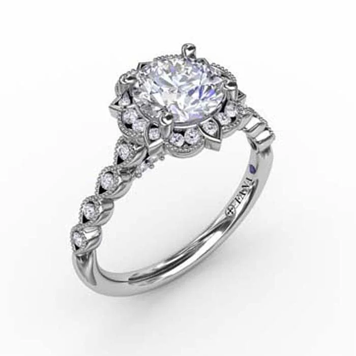 women's engagement rings handcrafted -Fana Milgrain Detail Floral Halo Engagement Ring Semi-Mounting in 14K White Gold