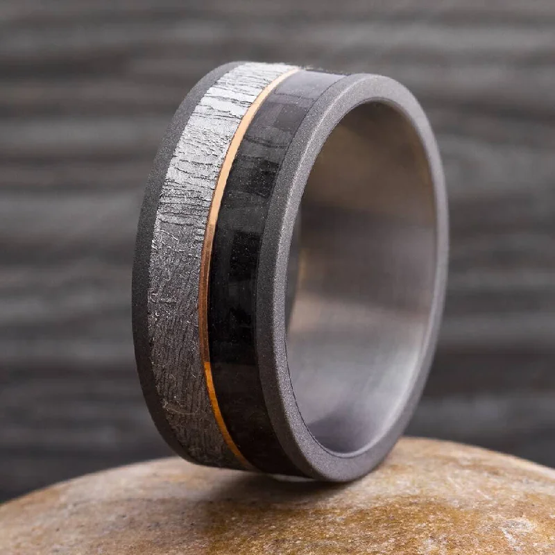 women's ring minimalist stack -Carbon Fiber & Meteorite Ring With Sandblasted Titanium