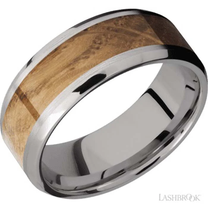 women's engagement rings moissanite -Lashbrook 8MM Wedding Band with Hardwood Inlay in Titanium