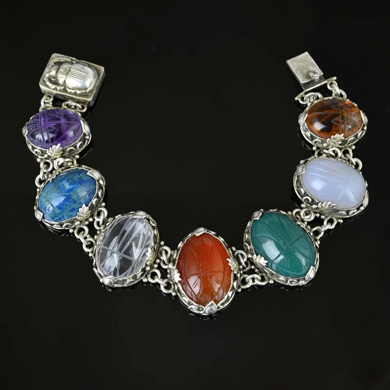 women's bracelets for wedding -Silver Arts & Crafts Gemstone Scarab Bracelet