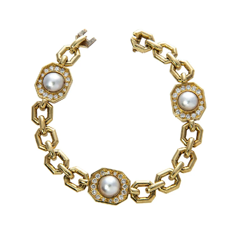 women's bracelets layered chains -Estate Pearl & Diamond 18K Yellow Gold Link Bracelet