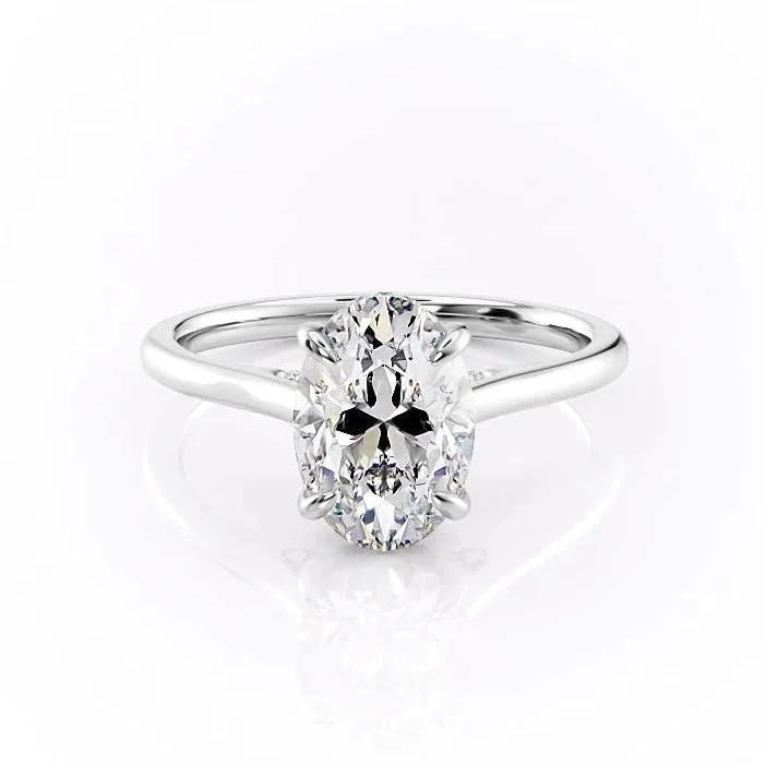 women's engagement rings double band -Oval Cut Moissanite Engagement Ring, Plain Band & Hidden Halo