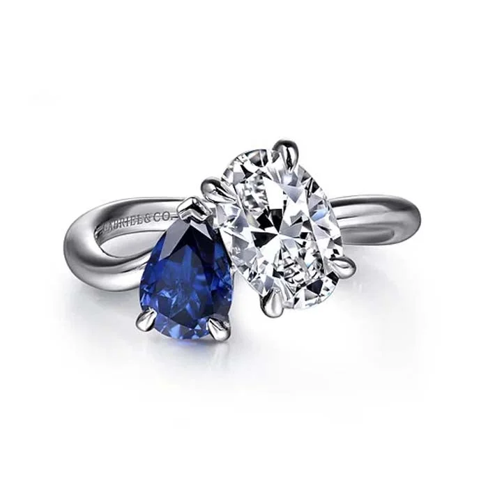 women's engagement rings high-end design -Gabriel & Co. "Cherish" Toi et Moi Engagement Ring Semi-Mounting with Pear Sapphire in 14K White Gold