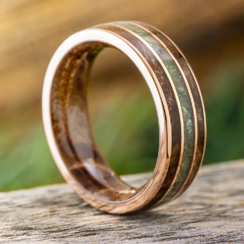 women's ring infinity shape -Maple Burl and Green Jade Ring in Solid Gold