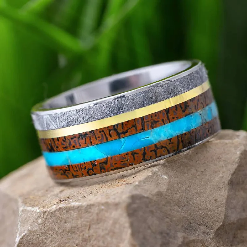 women's ring luxury collection -Dinosaur Bone, Meteorite & Turquoise Ring With Gold Pinstripe