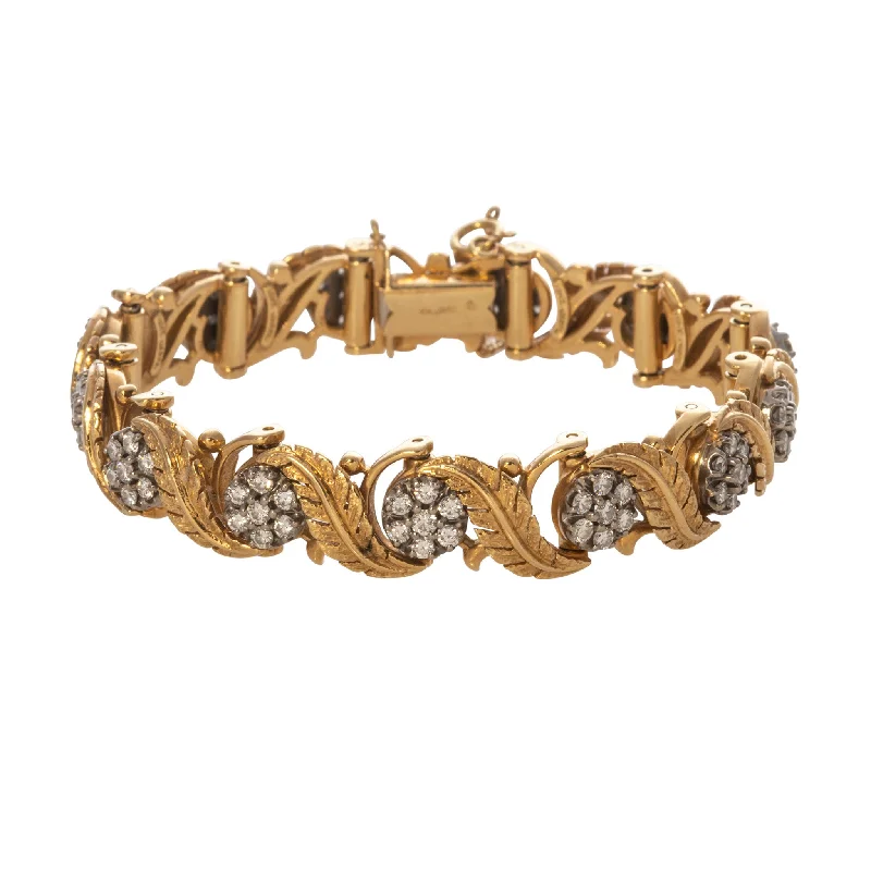 women's bracelets personalized engraving -Vintage Floral Diamond Cluster 18K Gold Leaf Bracelet