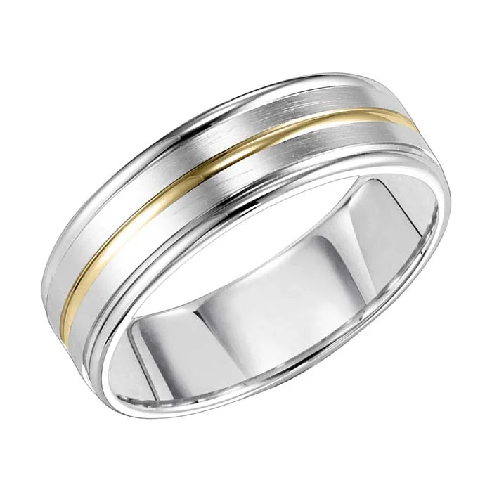 women's engagement rings vintage gold -Goldman Men's 7MM Wedding Band in 14K White Gold with 14K Yellow Gold Center Groove, Satin Finish