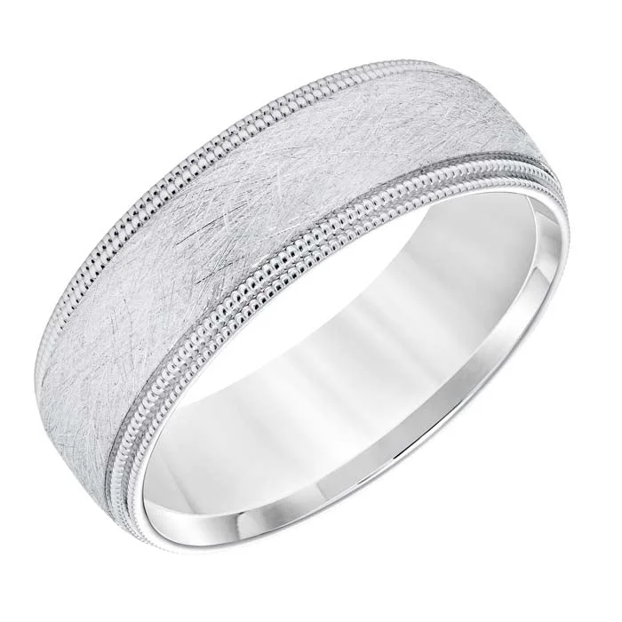 women's engagement rings celestial theme -Goldman Men's 7MM Wedding Band with Wire Brushed Finish and Milgrain Edge in 14K White Gold