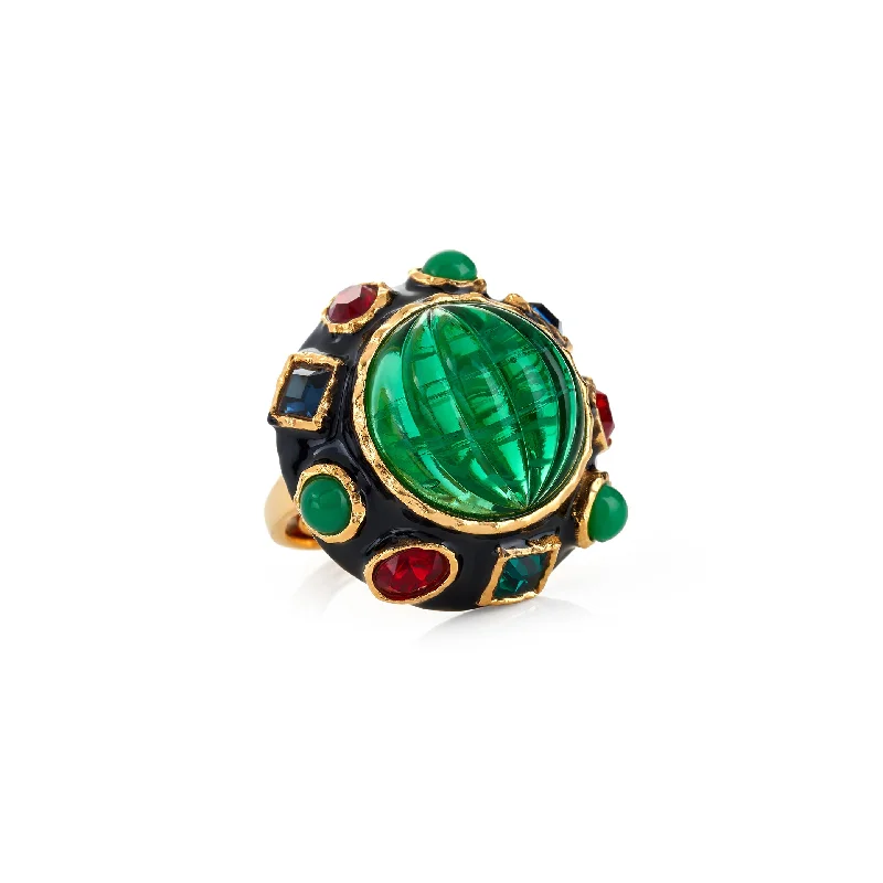 women's ring for girlfriend -Ribbed Emerald Center Button Ring