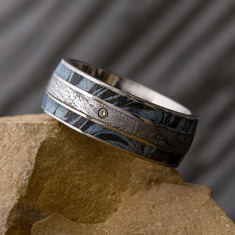 women's ring braided style -White Sapphire Ring with Mokume Composite and Meteorite