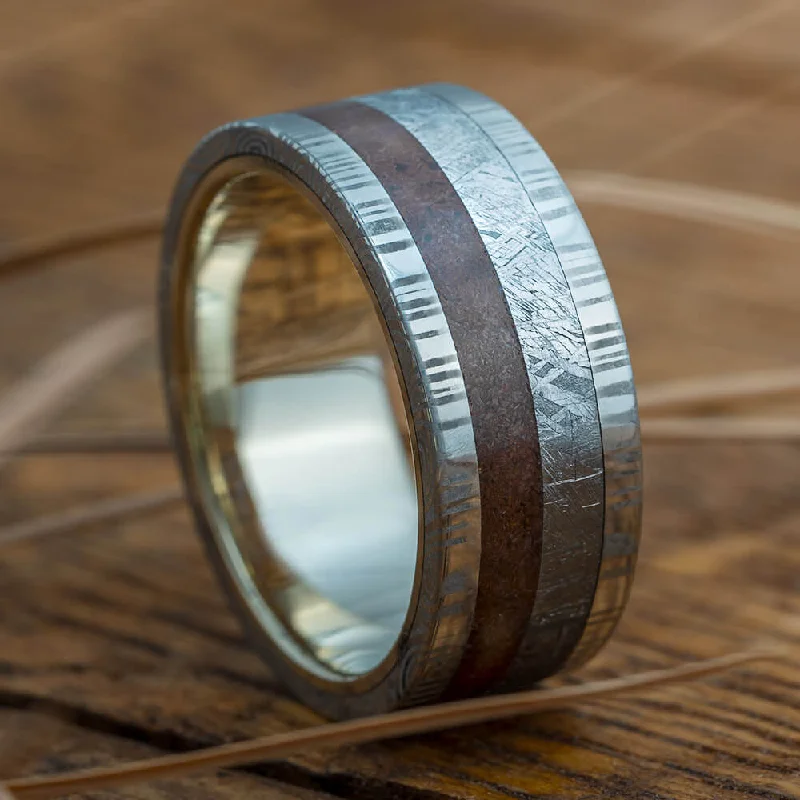 women's ring with gemstones -Gold Ring with Damascus, Dinosaur Bone and Gibeon Meteorite