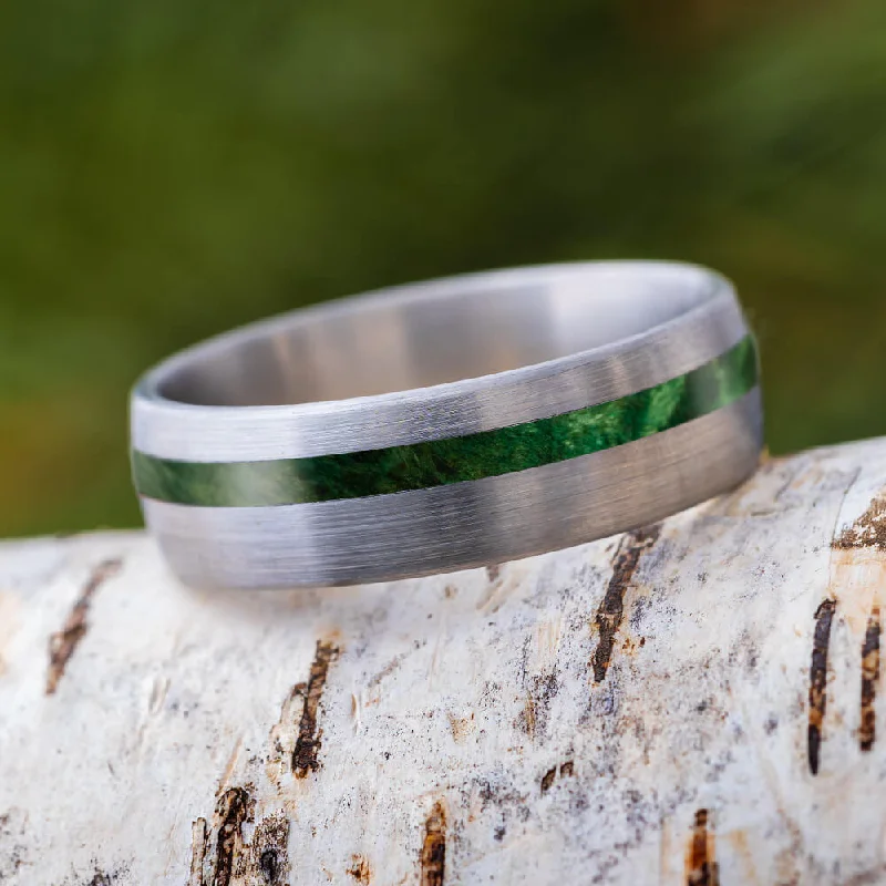 women's ring vintage inspired -Green Box Elder Burl Ring With Brushed Titanium Finish