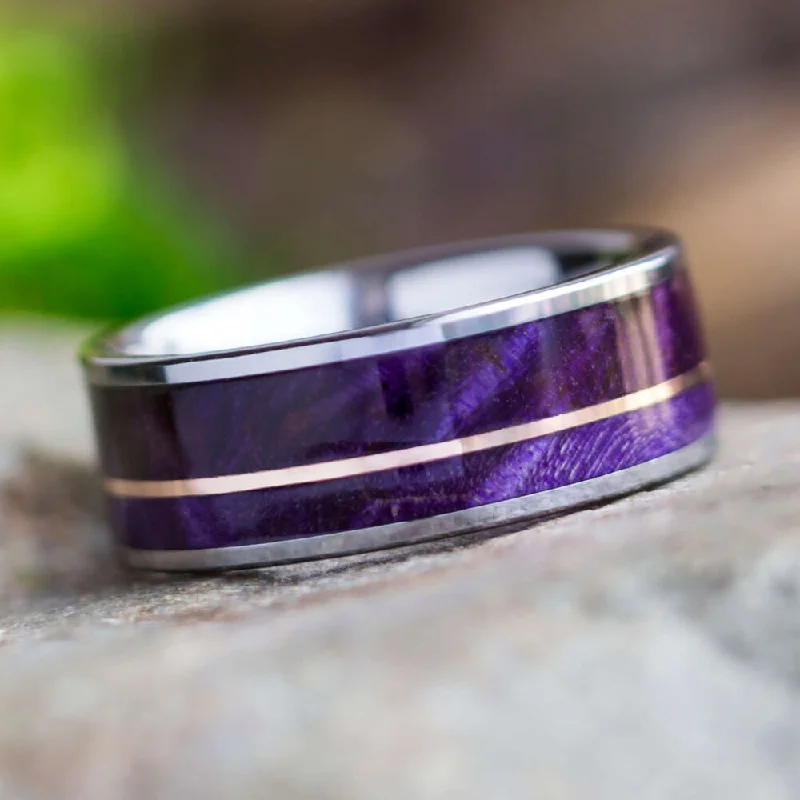 women's ring sapphire -Tungsten Ring with Purple Wood & Gold Pinstripe