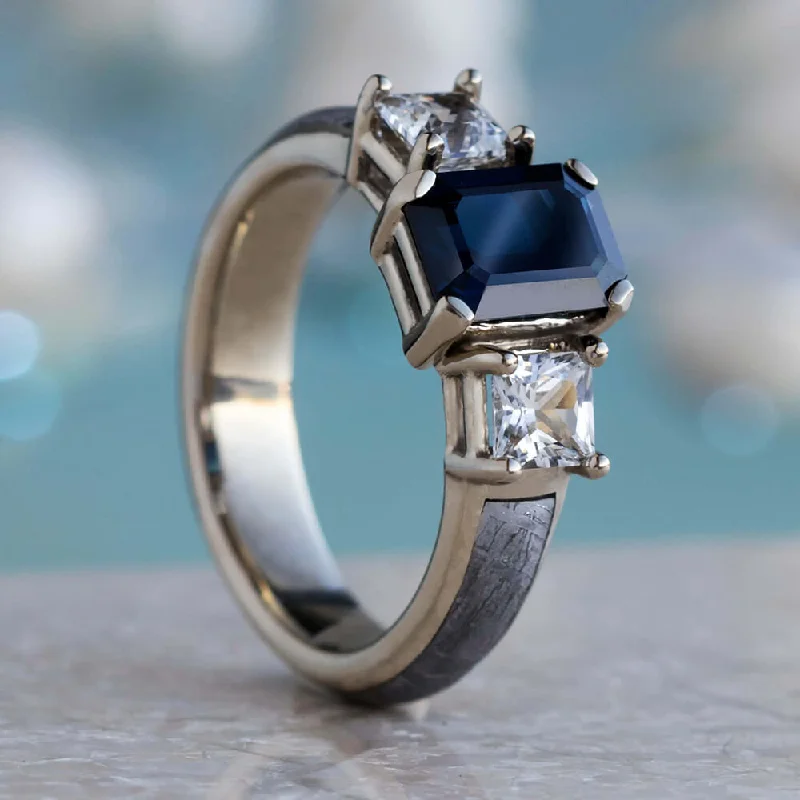 women's ring dainty everyday wear -Blue and White Sapphire Three Stone Ring with Meteorite