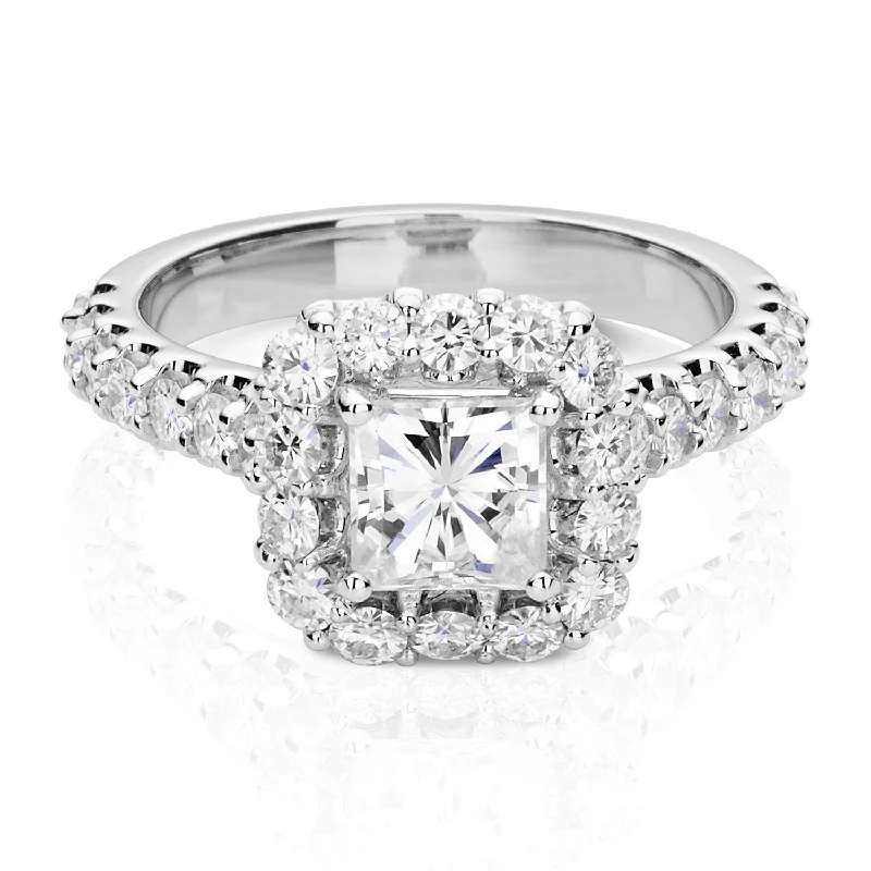 women's ring silver -Charles & Colvard Moissanite Square Halo Ring in White Gold