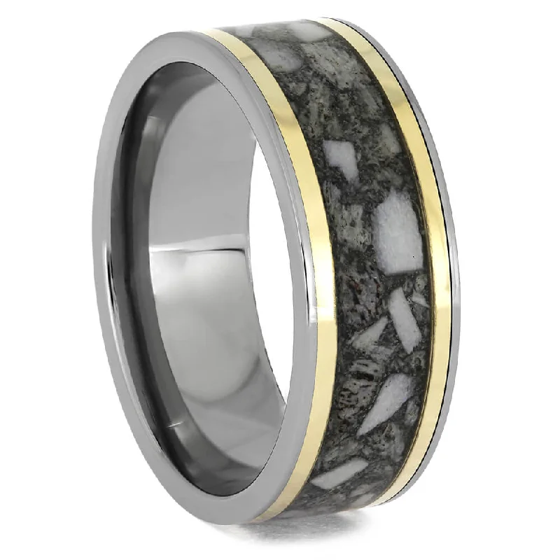 women's ring with birthstone -Crushed Antler Titanium Band With Gold Pinstripes